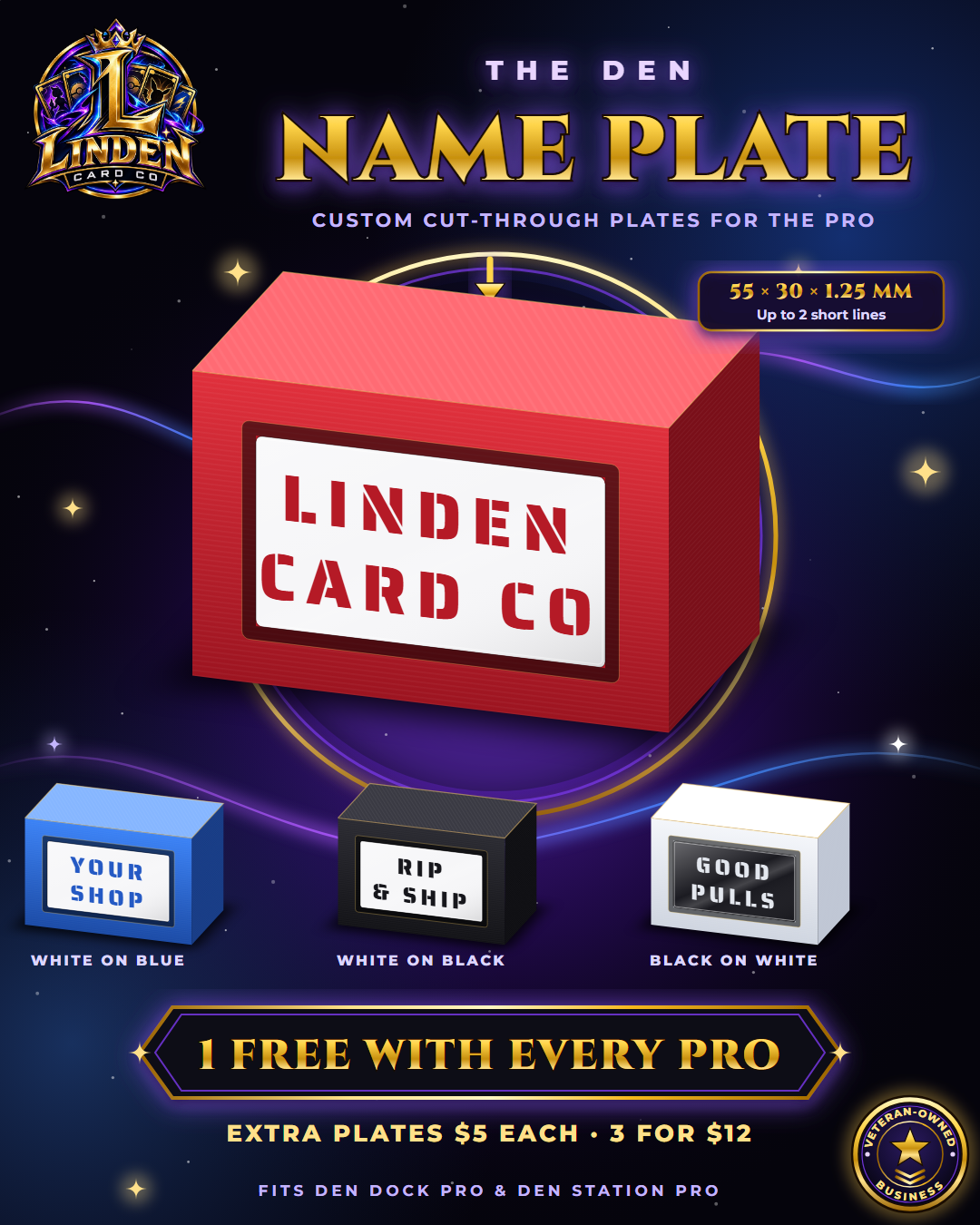 Custom Den Name Plate artwork showing personalized lettering for Den Dock Pro and Den Station Pro